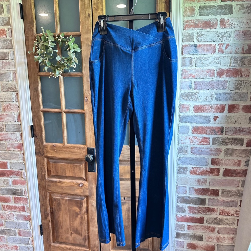 Halara Jeans Women Blue Crossover Waist Flare Stretch Pull On Comfort XL NWT